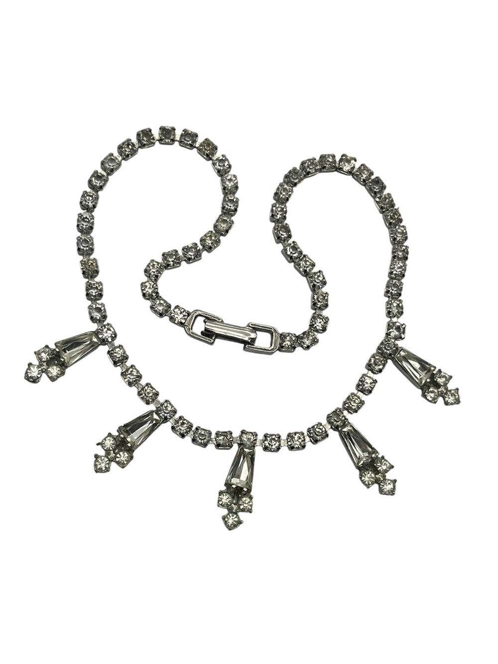 Art Deco silver tone clear rhinestone crystal dangle vintage necklace